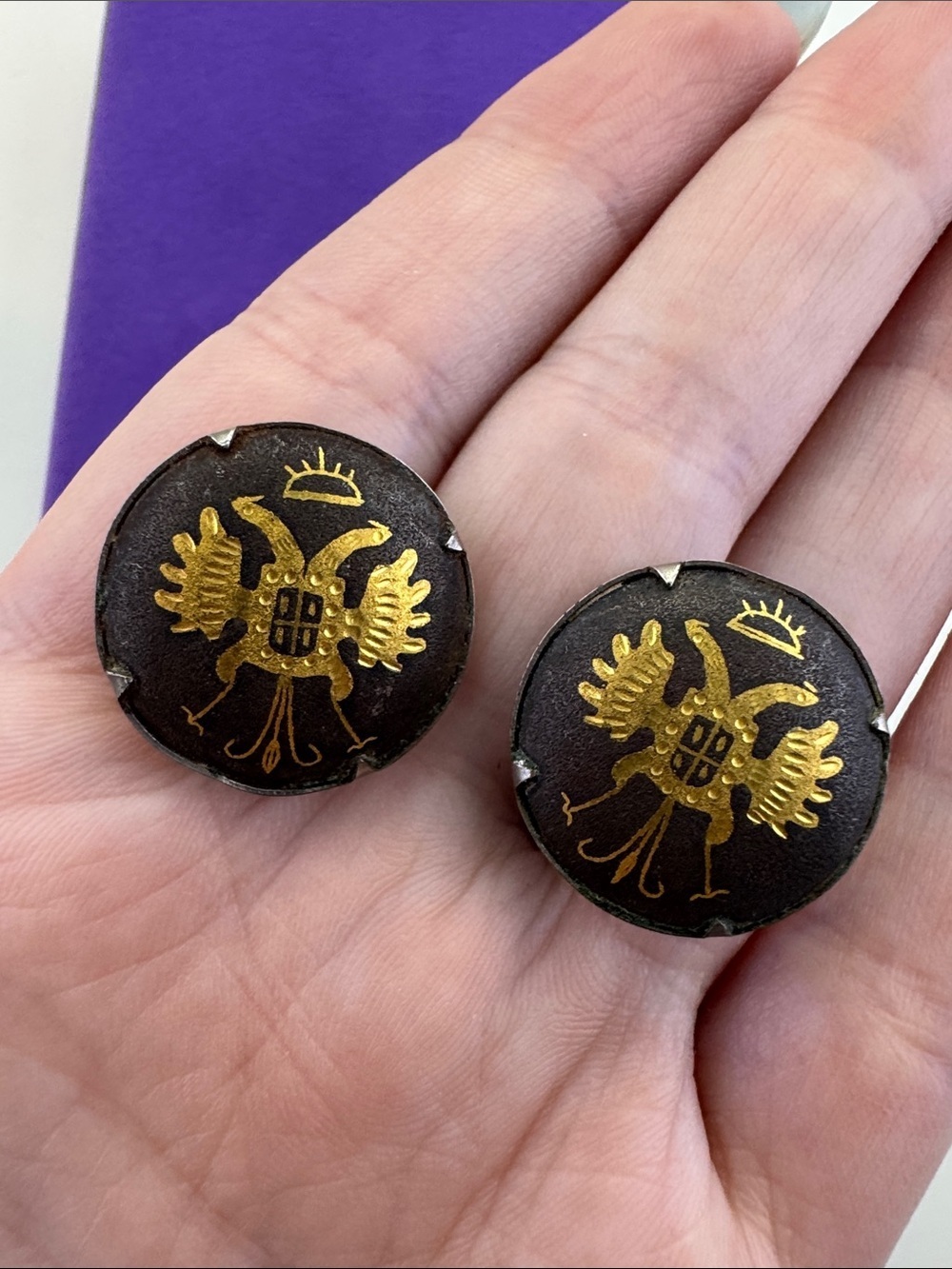 💛 Vintage Gold & Silver Tone Double-Headed Eagle Clip On Earrings | Unique - Picture 5 of 5